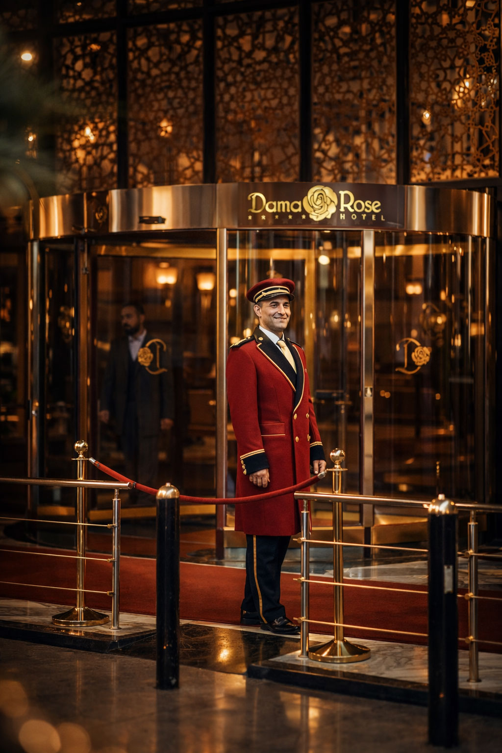 Doorman in red uniform welcoming guests at Damarose Hotel entrance